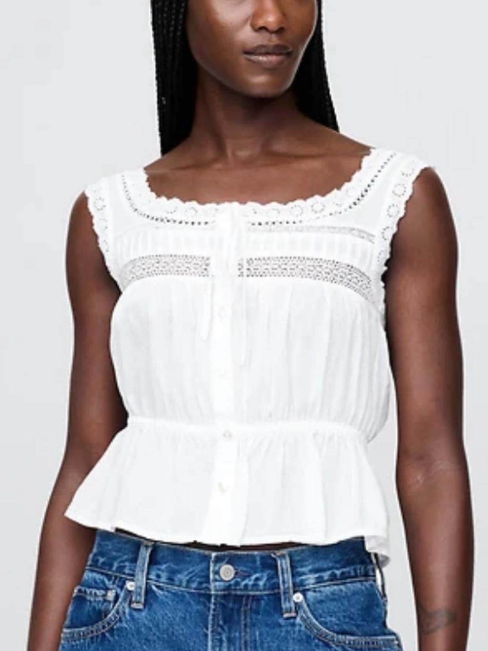 GAP White Lace Trim Peplum Blouse Size XS Peasant Boho Indie Milkmaid NWT 2025